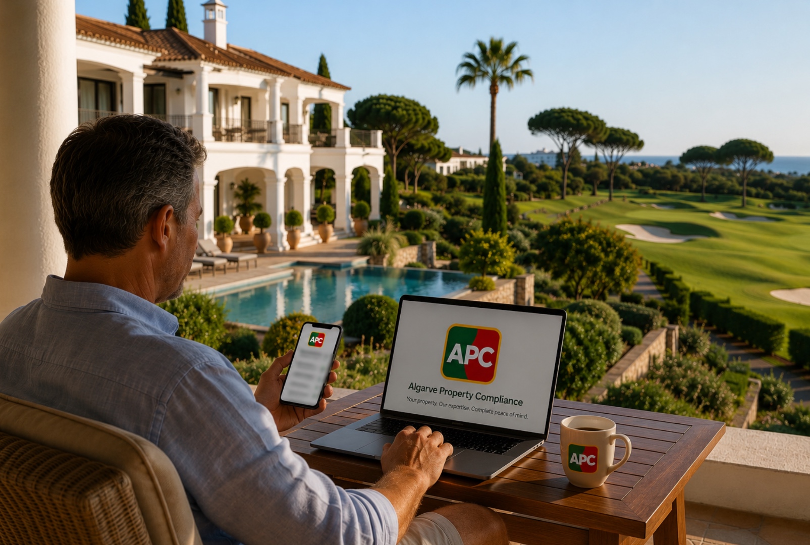 Proprietário a gerir conformidade de arrendamento em Almancil no computador — Quinta do Lago e Vale do Lobo