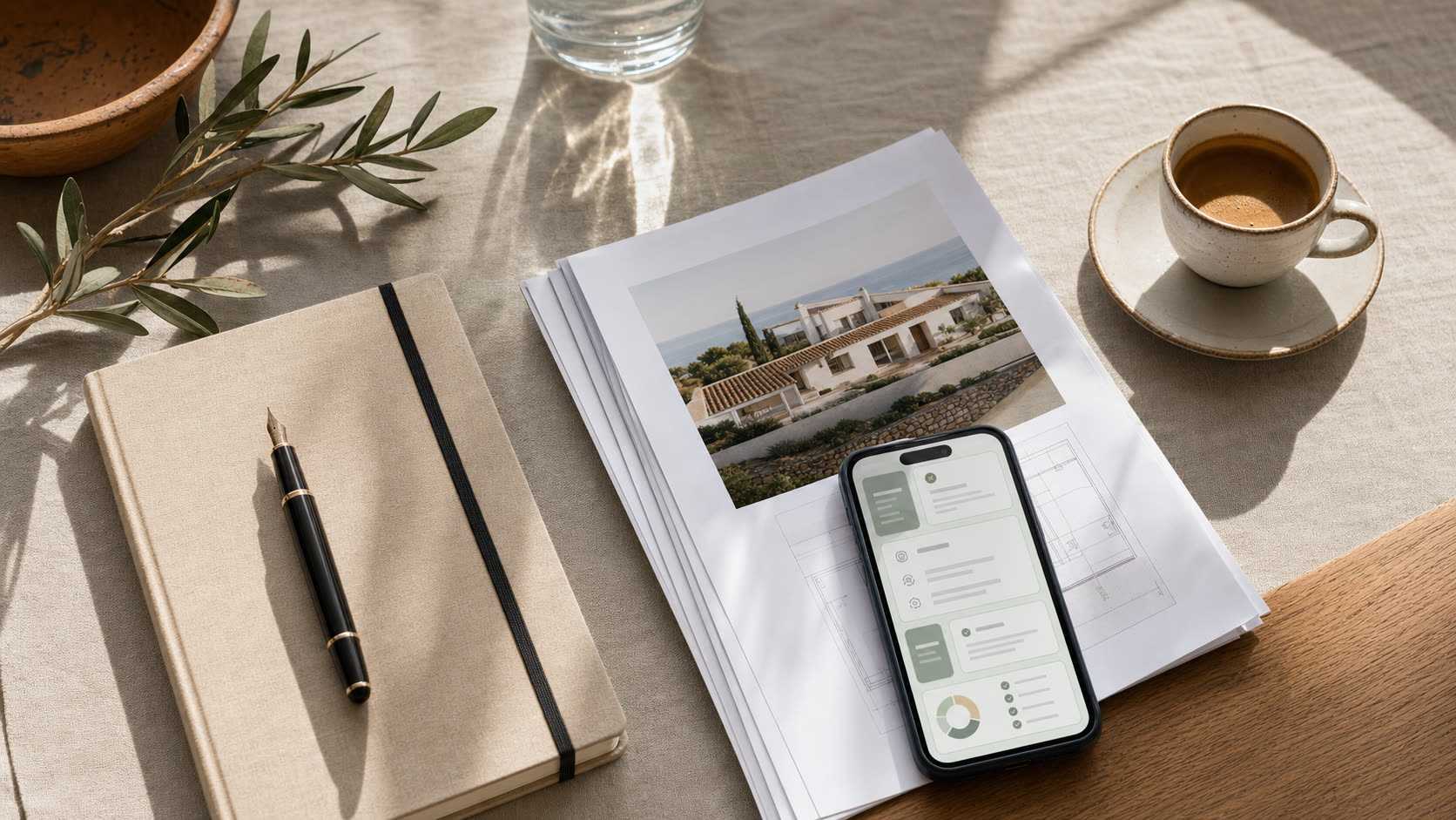 An organised compliance workspace: notebook, fountain pen, property documents, espresso, and a phone showing a clean compliance dashboard — Algarve Property Compliance