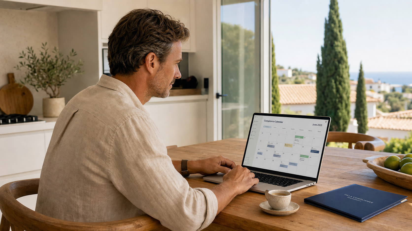 A British villa owner reviewing an Algarve compliance calendar on a laptop in a quiet, sunlit kitchen — Algarve Property Compliance, May 2026 newsletter